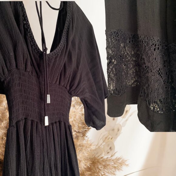 Black Linen-Style Boho Lace Jumpsuit — Black Stone Capsule (S) - Picture 1 of 4